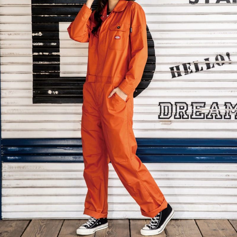 【推し活に!】Dickies ディッキーズ　長袖つなぎ　オーバーオール　オレンジ Dickies - ディッキーズ☆オレンジつなぎ廃盤品の通販 by